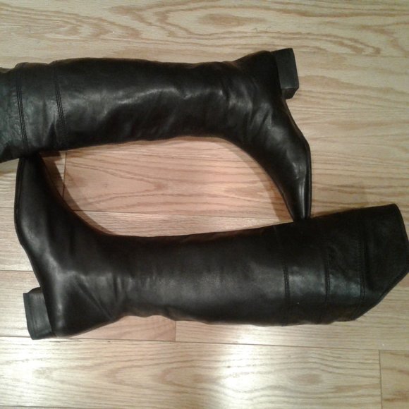HIGH KNEE SHOES OVER THE KNEE BOOTS BLACK LAMB SKIN LEATHER size 5 5,5 - Picture 2 of 4